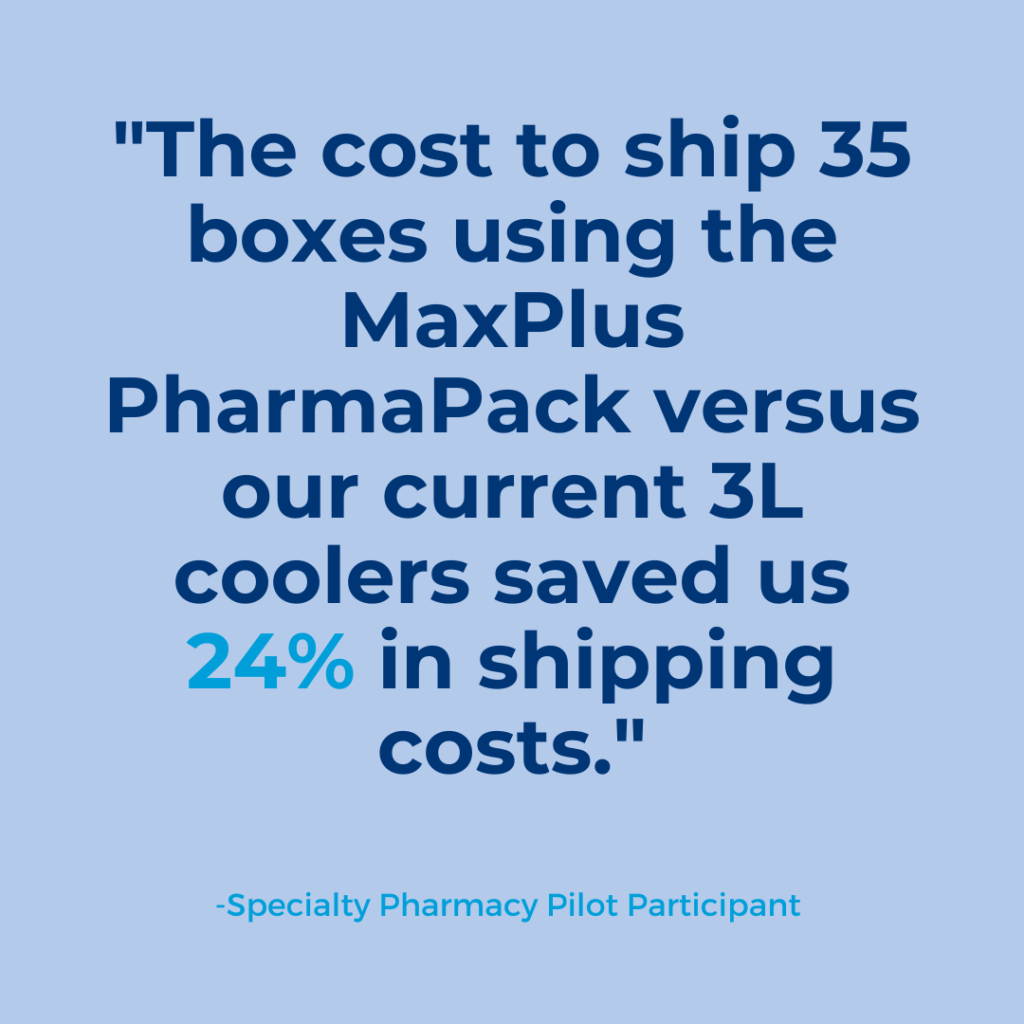 "The cost to shop 35 boxes using the MaxPlus PharmaPack versus our current 3L coolers saved us 24% in shipping costs." -Specialty Pharmacy Pilot Participant 
