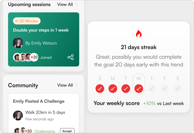 Happy Huddle health tracking screens with progress indicators