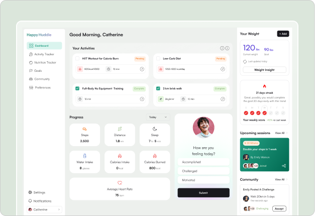 Happy Huddle habit streaks and daily logging interface