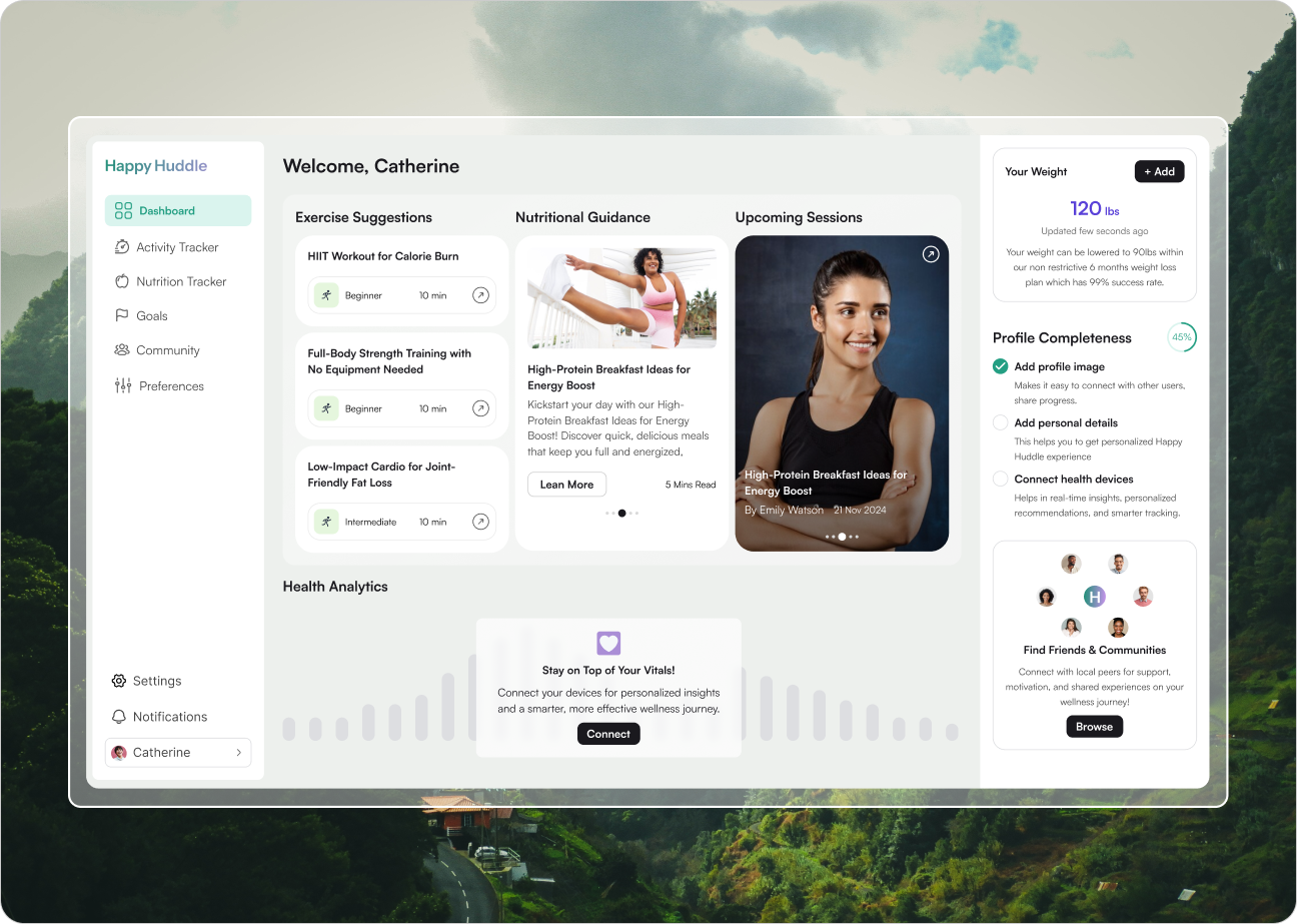 Happy Huddle wellness app UI design