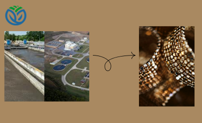 Visual representation of Harvest Nano’s process: two images on the left show wastewater treatment facilities, connected by a curved arrow to a close-up image on the right of a luxurious, gold-thread-like textile. The Harvest Nano logo appears above and bel