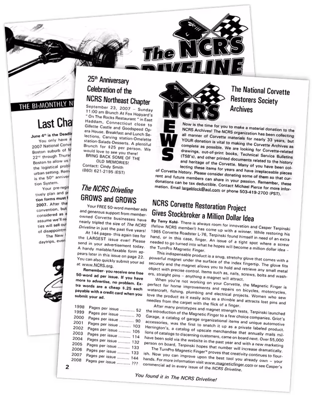 NCRS Driveline newsletter pages showcasing Corvette restoration news