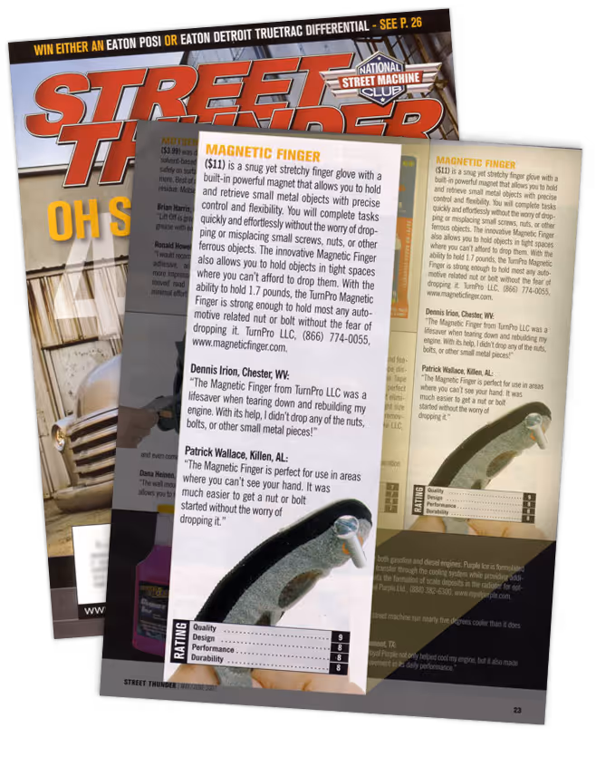 Street Trucker magazine page featuring Magnetic Finger industrial glove product