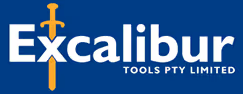 Excalibur Tools logo with blue background and stylized sword design