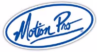 Blue and white Motion Pro logo with stylized cursive script