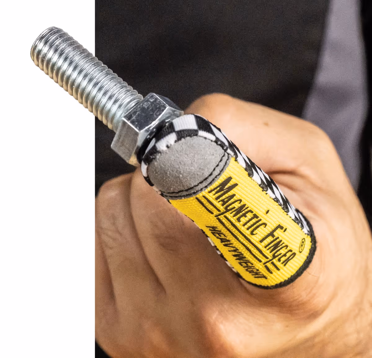 Magnetic finger grip tool with metal bolt on yellow and black handle