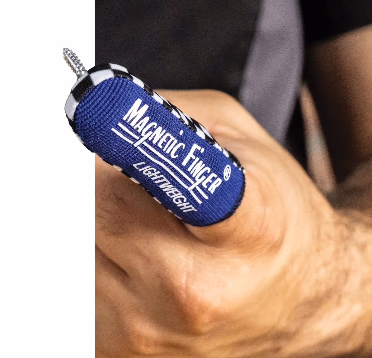 Blue magnetic finger wrap with screw on a hand