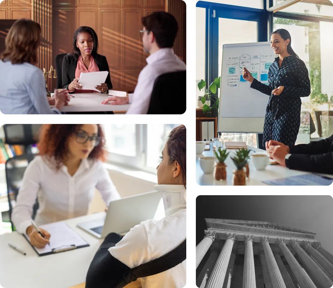 A collage of images of people working together in an office