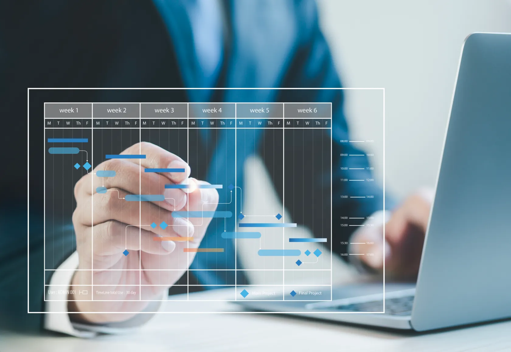 A person typing into a laptop with an illustration of a calendar imposed over the image