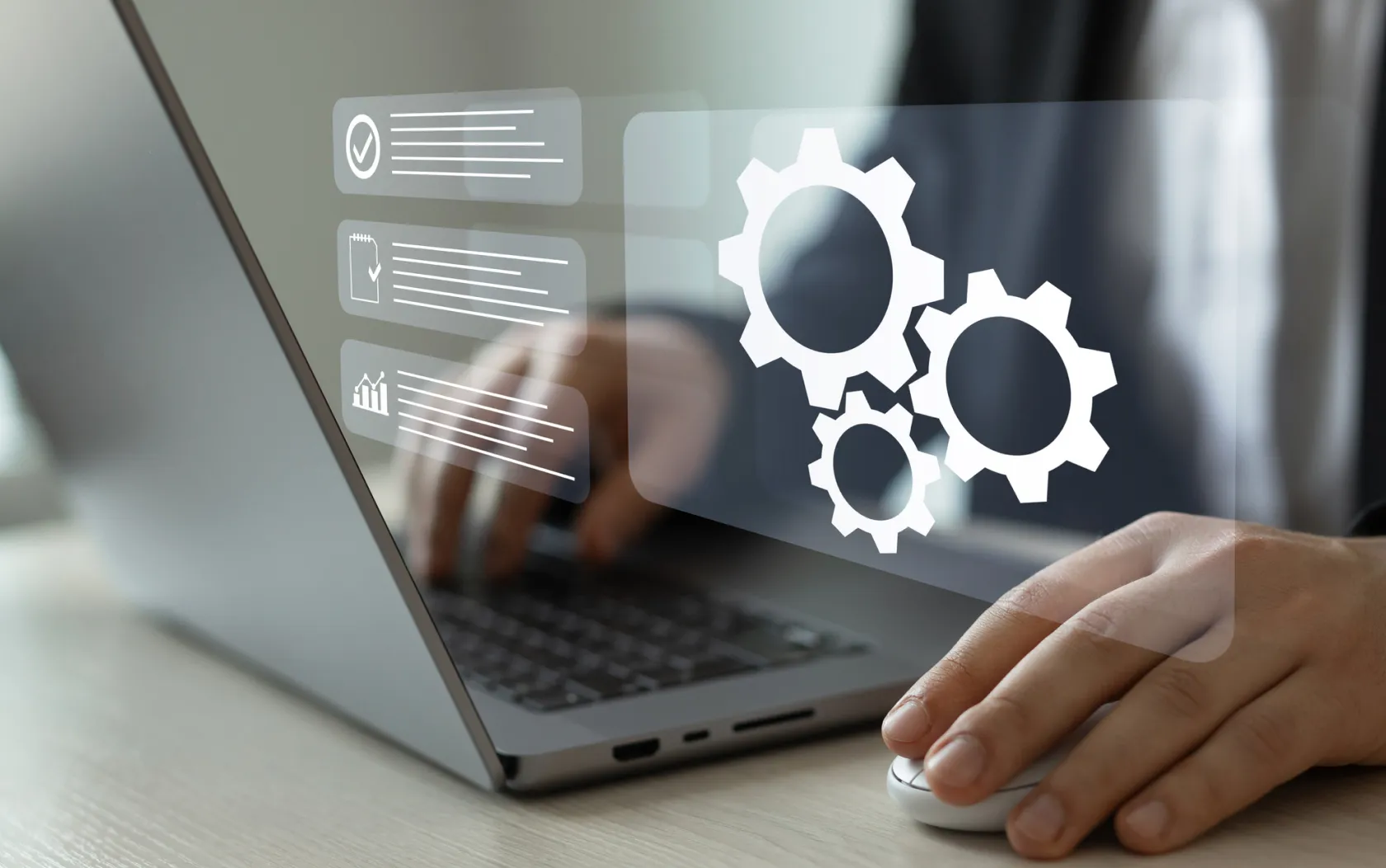 A person typing into a laptop with an illustration of items from a screen on the image