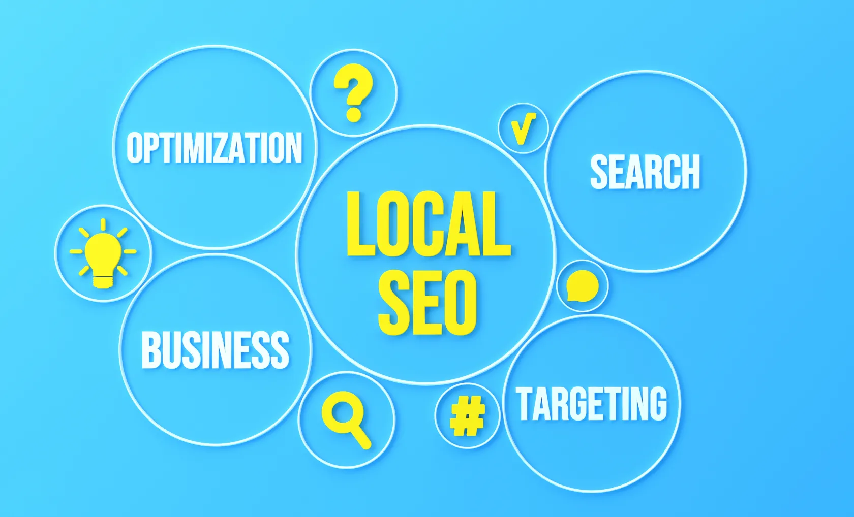 Colorful infographic on a blue background illustrating local SEO concepts including optimization, business, search, and targeting