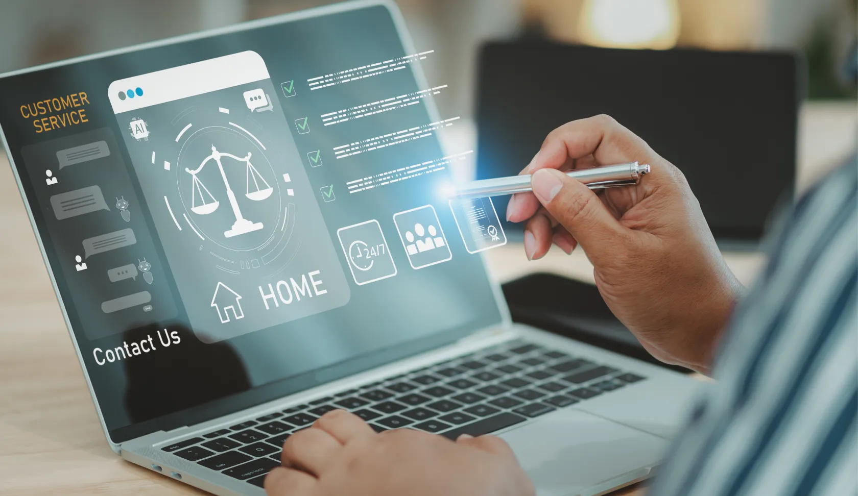 Person pointing a stylus at a laptop screen displaying a legal services website with AI chat, home, and contact us navigation elements