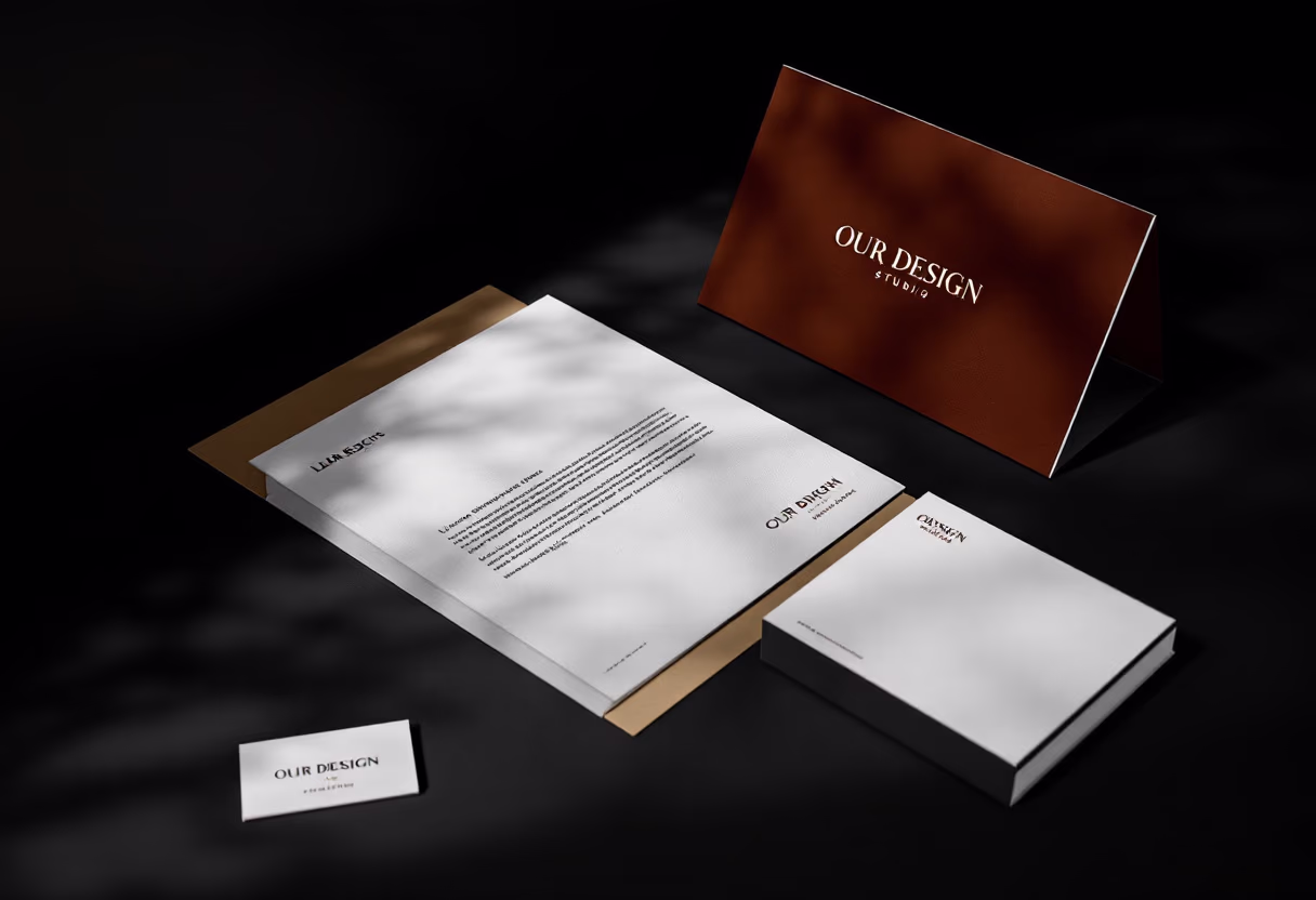 Imagen de materiales de marca para un estudio de diseño gráfico.