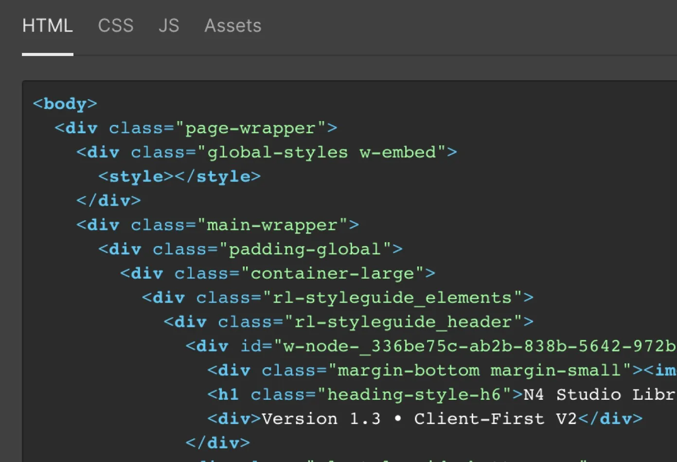 Webflow Development Export tool, consisting of HTML, CSS, JS, and Assets
