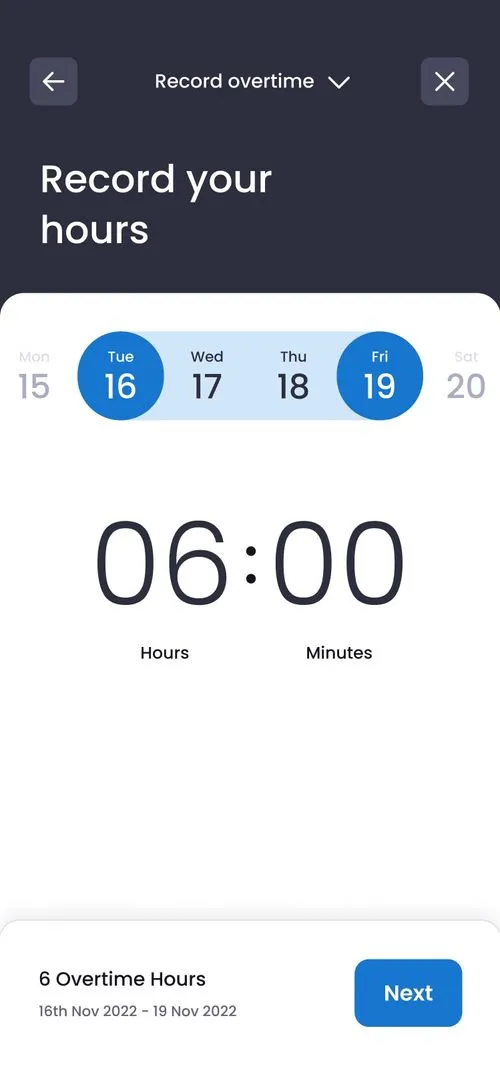 edays mobile application record overtime screen