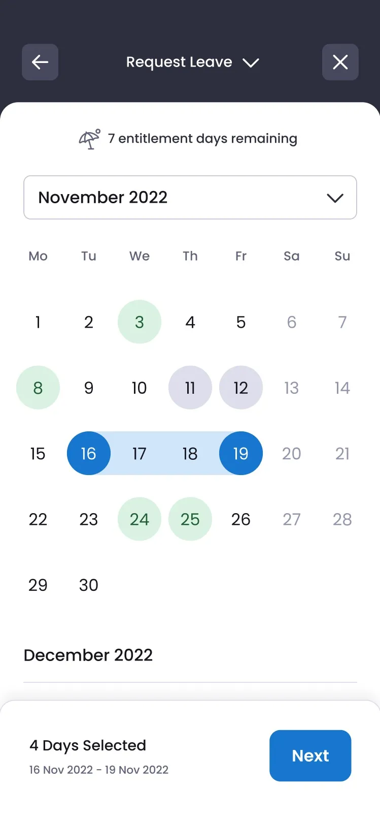 edays mobile application request leave screen