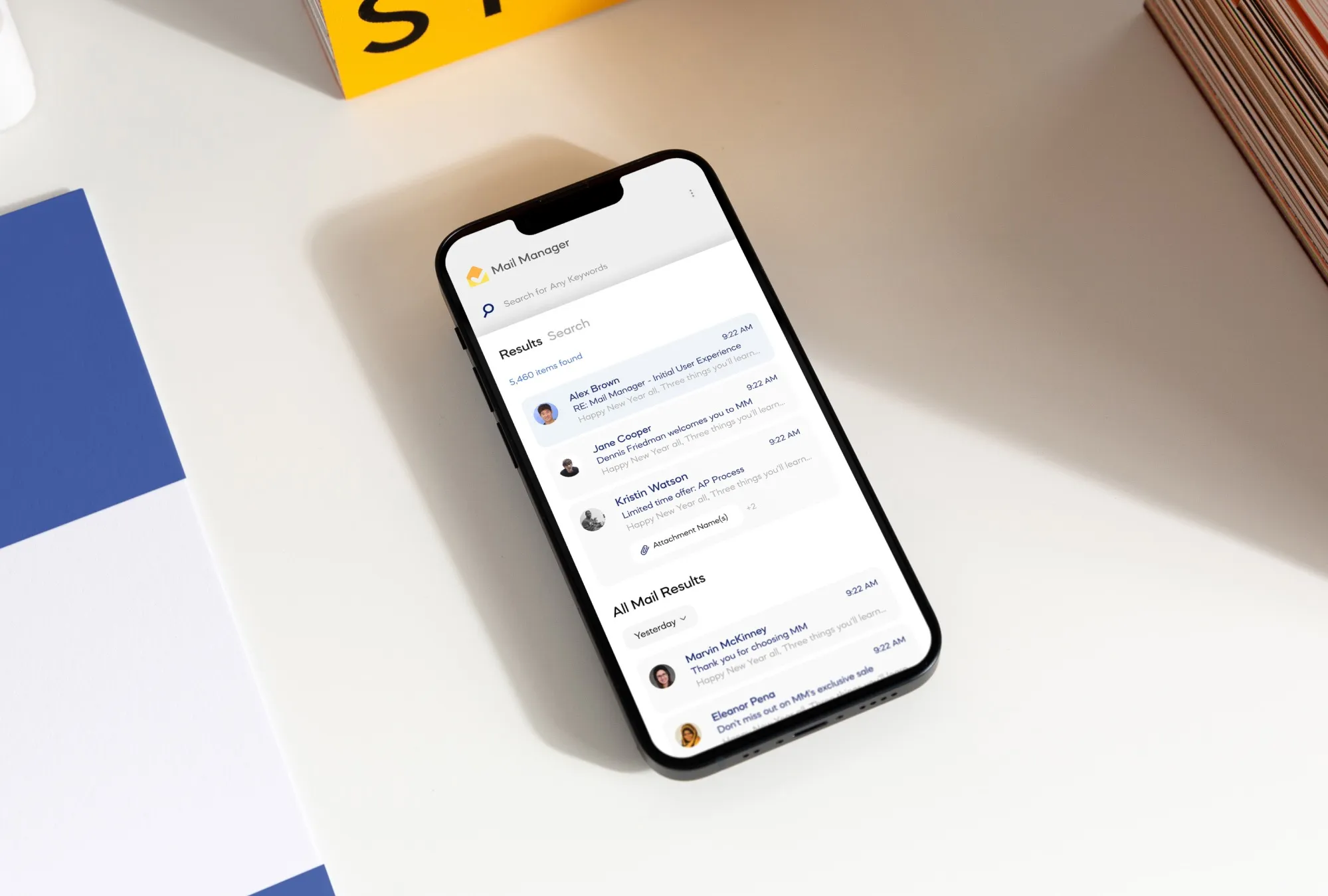 Mail Manager results screen mobile phone mockup