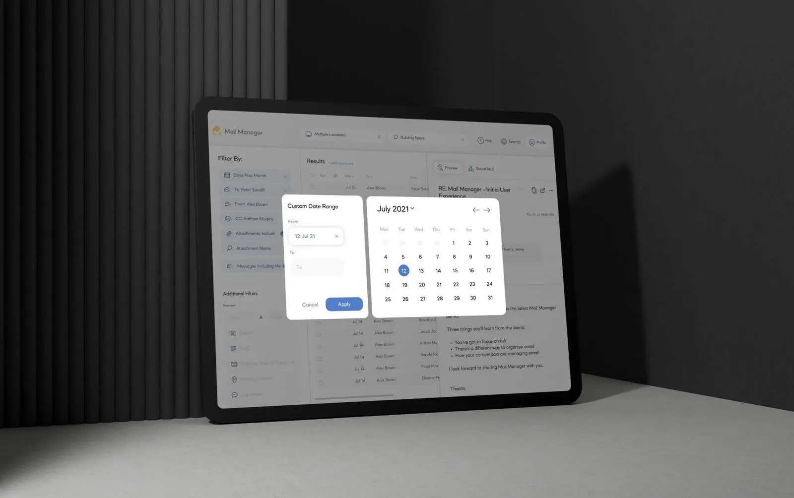 Mail Manager date filter tablet mockup
