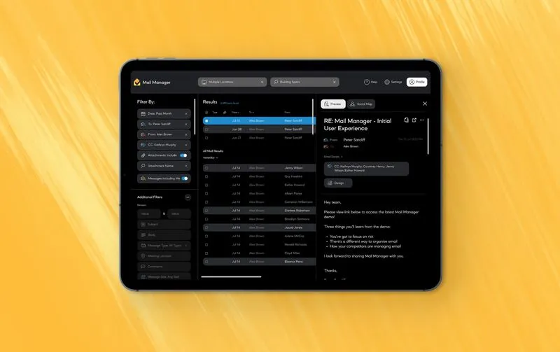 Mail Manager tablet results screen dark mode mockup