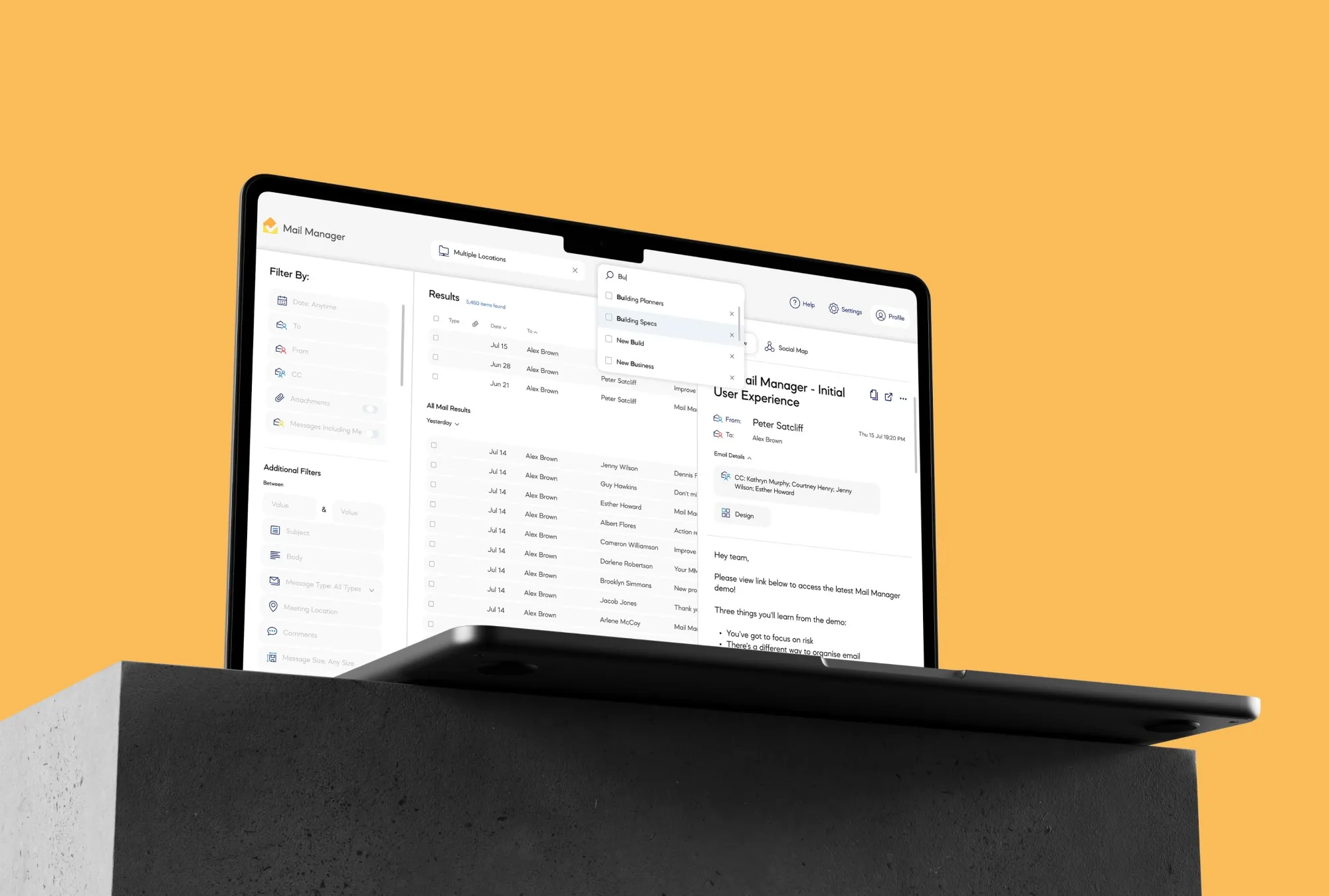 Mail Manager interface laptop mockup