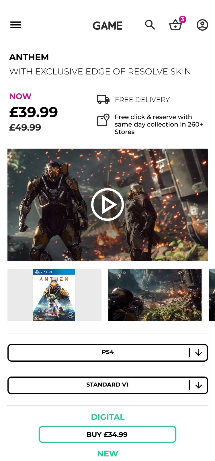 GAME Digital website mobile screen purchasing ANTHEM