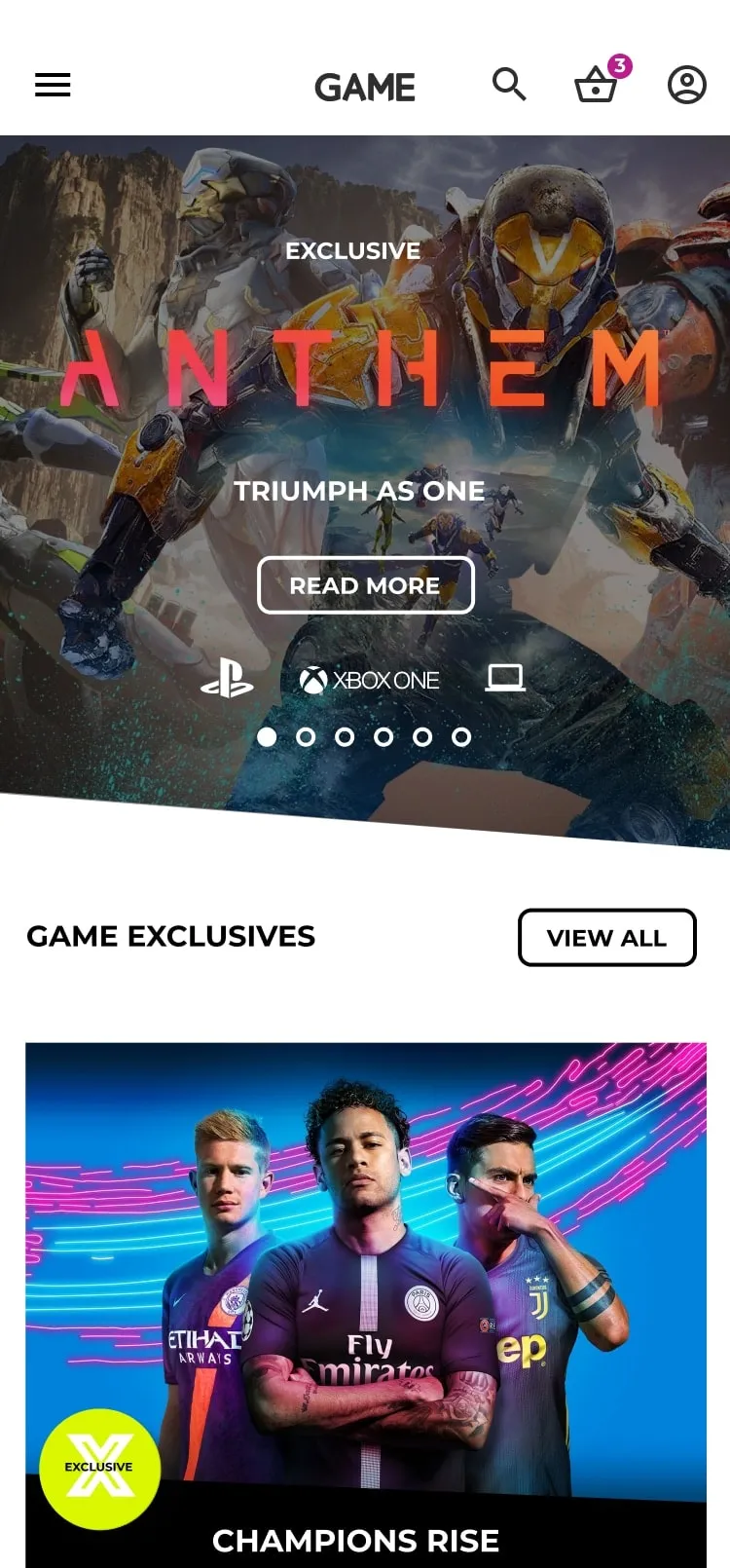 GAME Digital website landing mobile screen featuring exclusive games