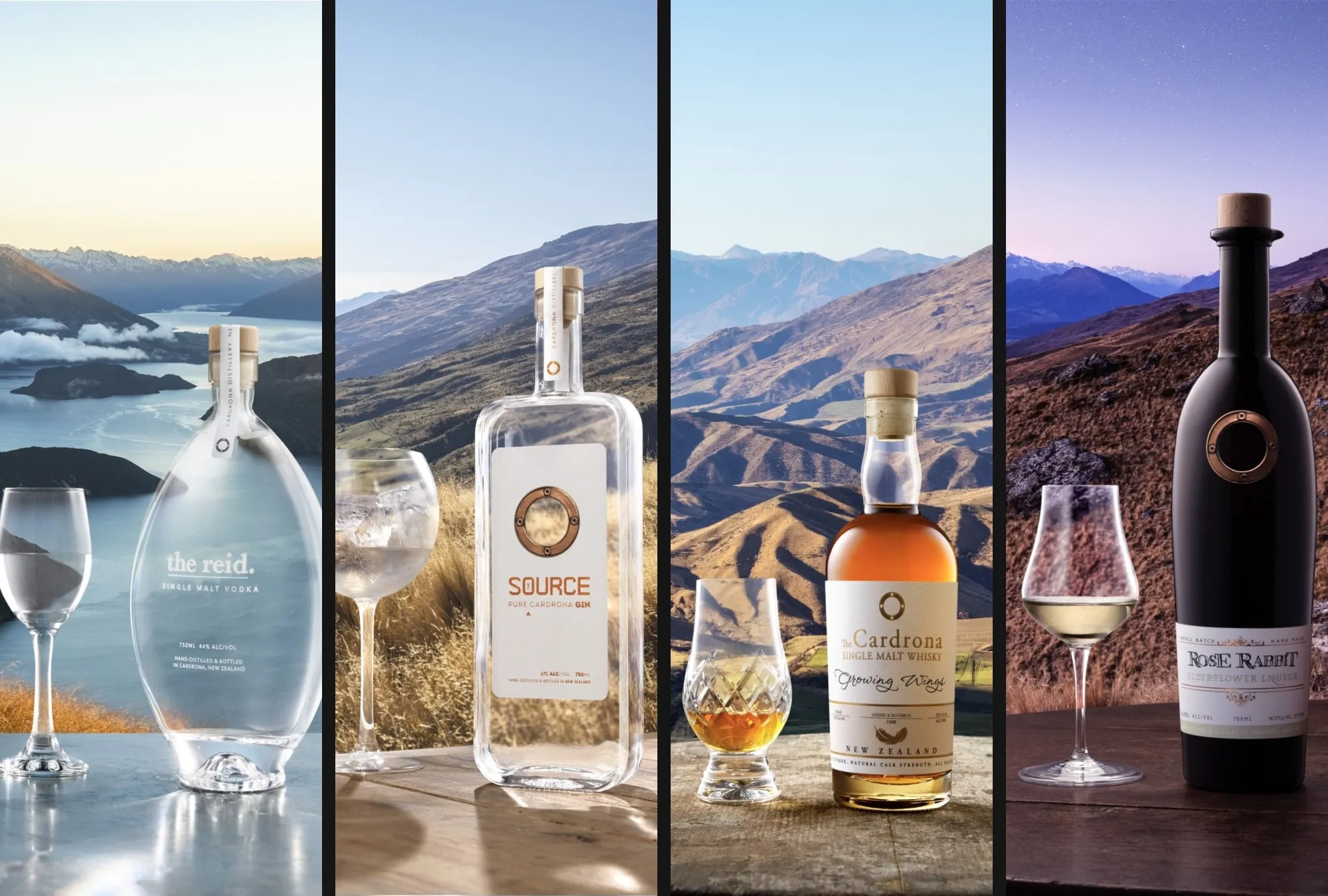 Cardrona Distillery premium spirits range with the Cardrona Valley backgrounds by N4.Studio