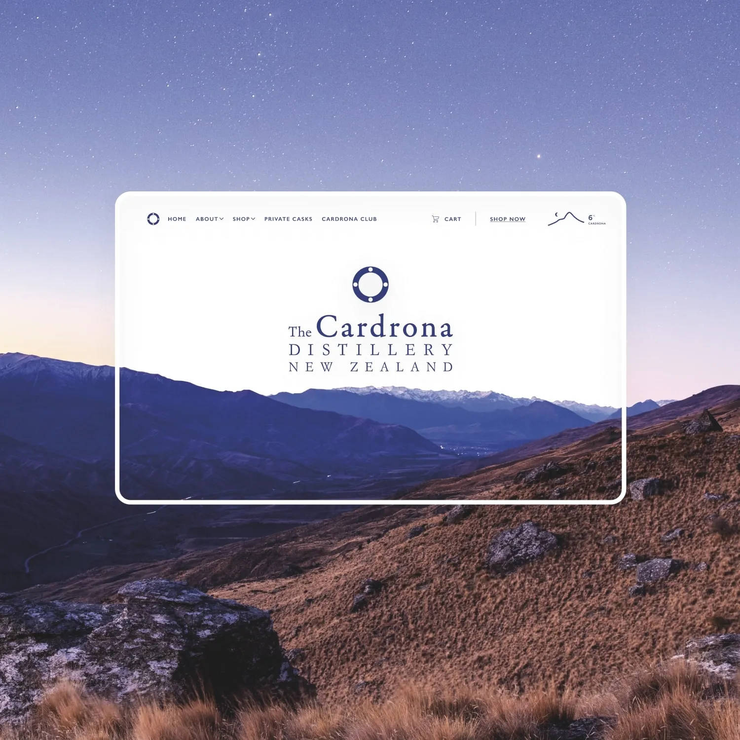 Cardrona Distillery website landing superimposed with the Cardrona Valley by N4.Studio