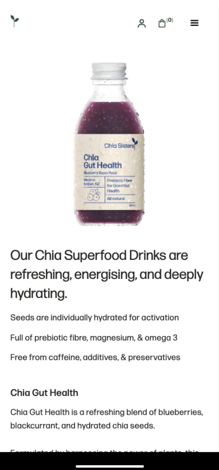 Chia Sisters website product overview on mobile