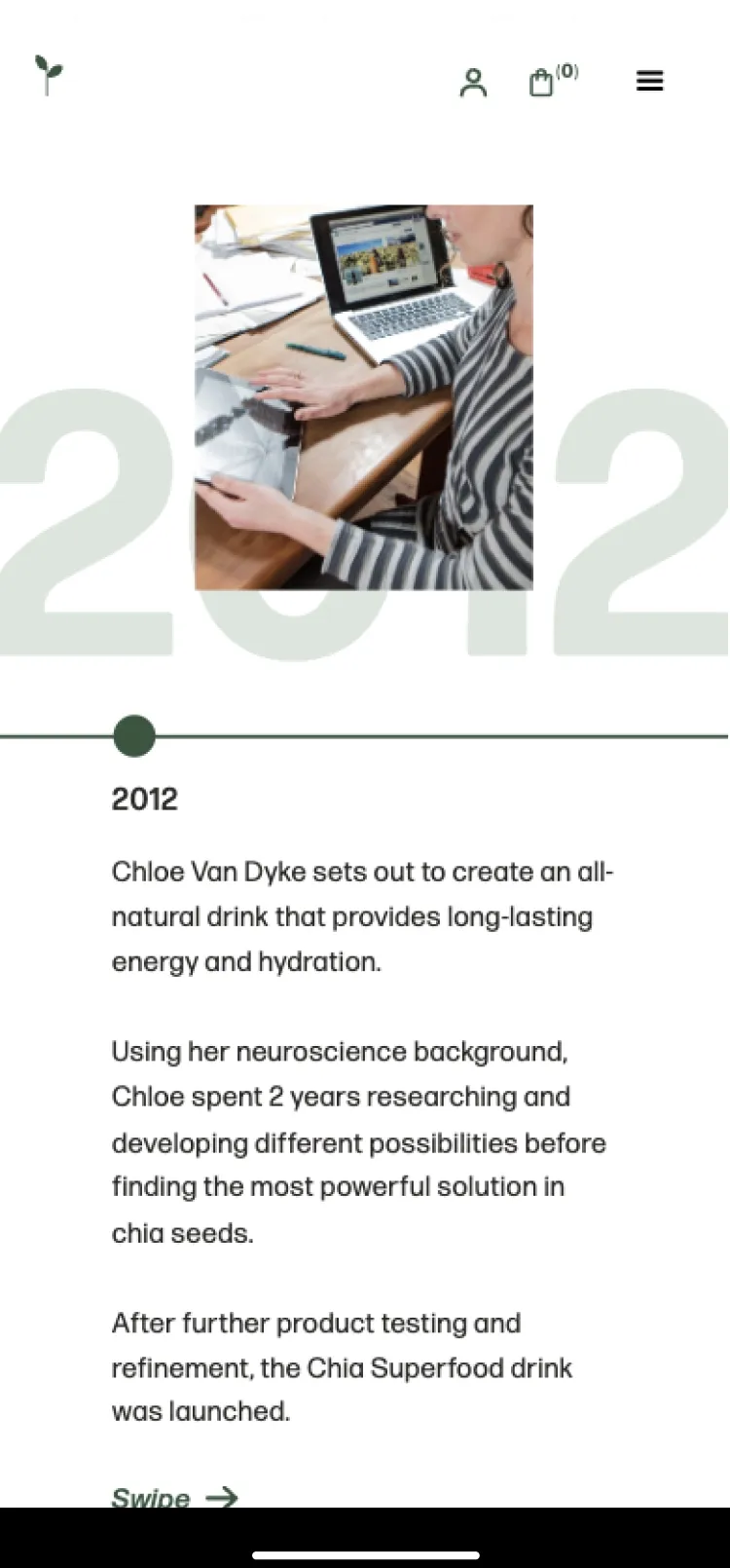 Chia Sisters website timeline on mobile