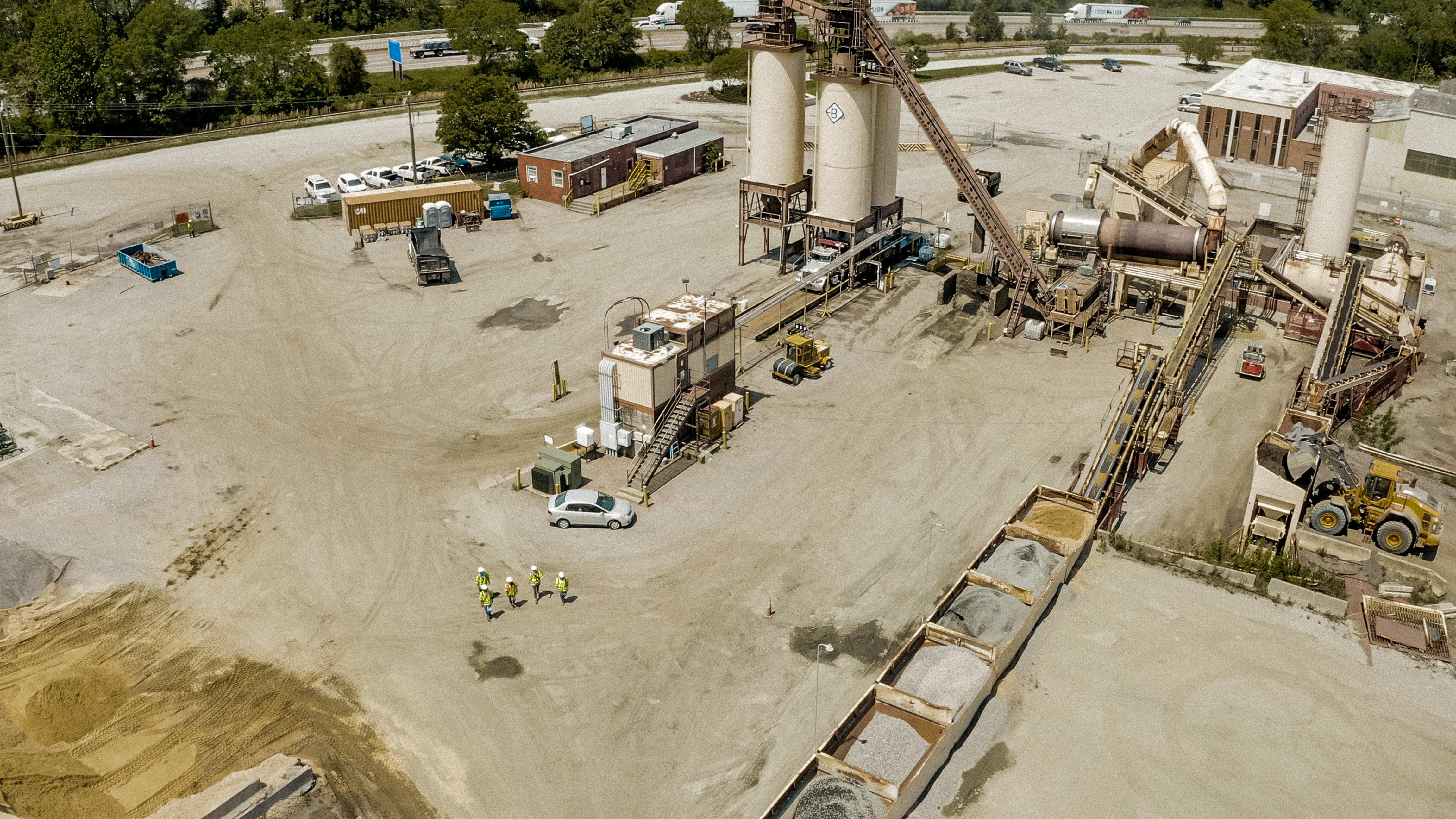 Shirley Gap 64: Aerial view of conveyors, silos, and material stockpiles.