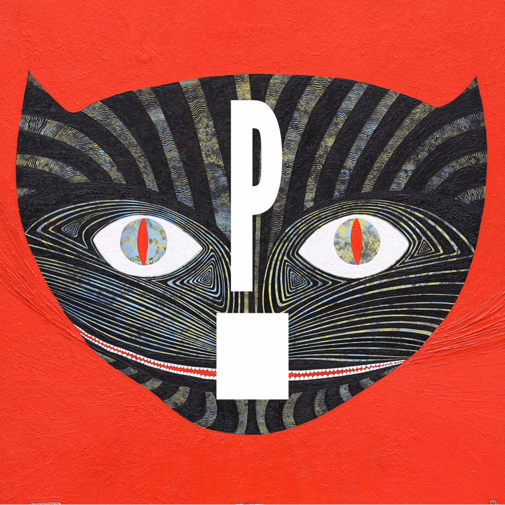 Abstract red painting featuring Platform Studios’ “P” logo centered within stylized cat imagery.