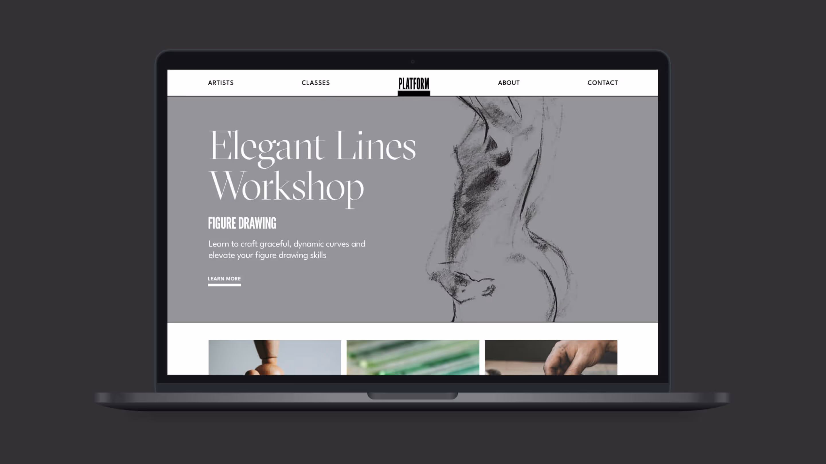 Website design for Platform Studios displaying a workshop page titled “Elegant Lines Workshop” with a charcoal figure drawing and minimalist layout.