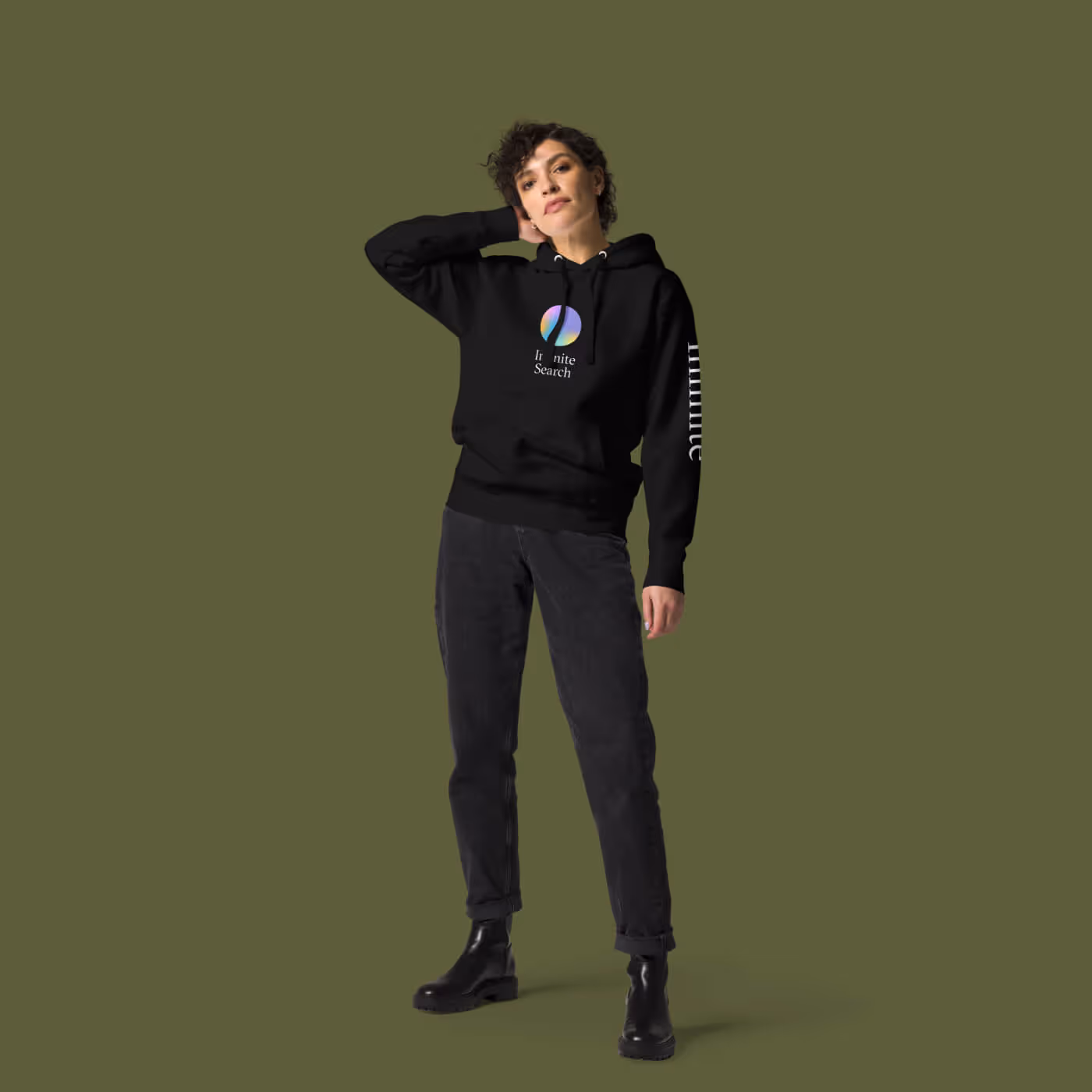Black Infinite Search hoodie with front logo and sleeve text detail