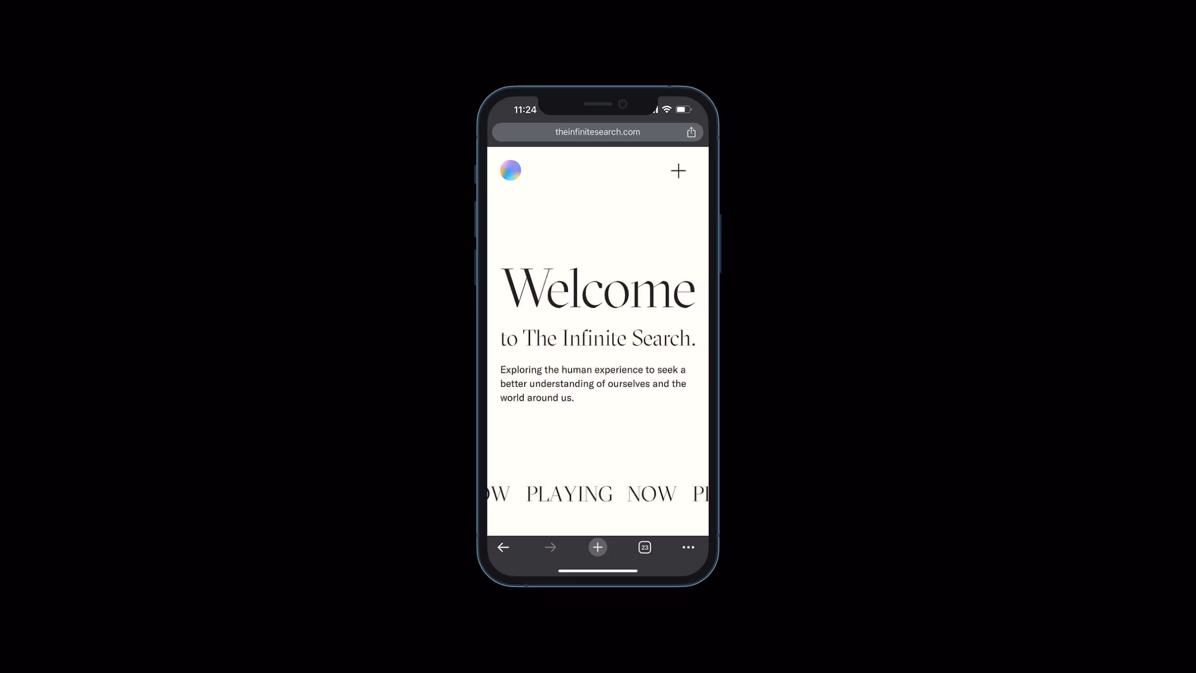 The Infinite Search mobile website homepage displaying welcome message and tagline about exploring human experience