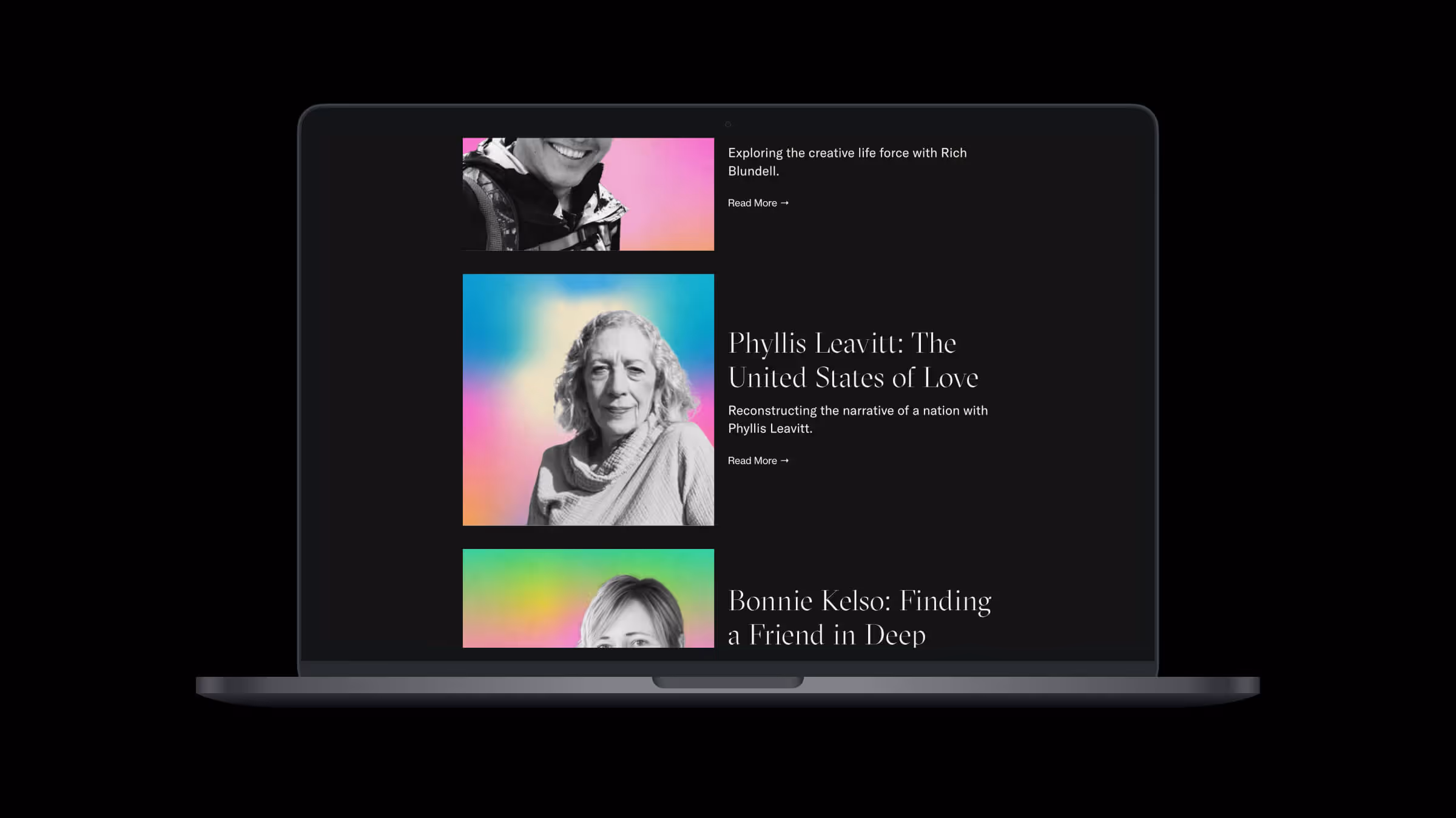 Article archive featuring stories about Rich Blundell, Phyllis Leavitt, and Bonnie Kelso with colorful gradient thumbnails