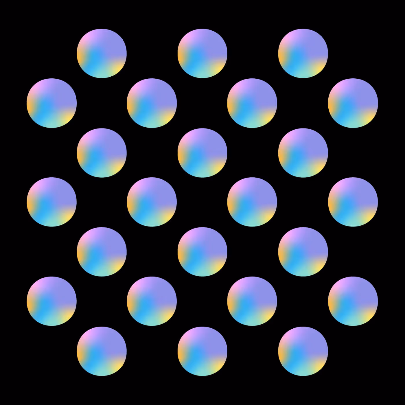 Pattern grid of The Infinite Search’s circular gradient symbols arranged evenly on a black background, representing multiplicity and interconnected stories.