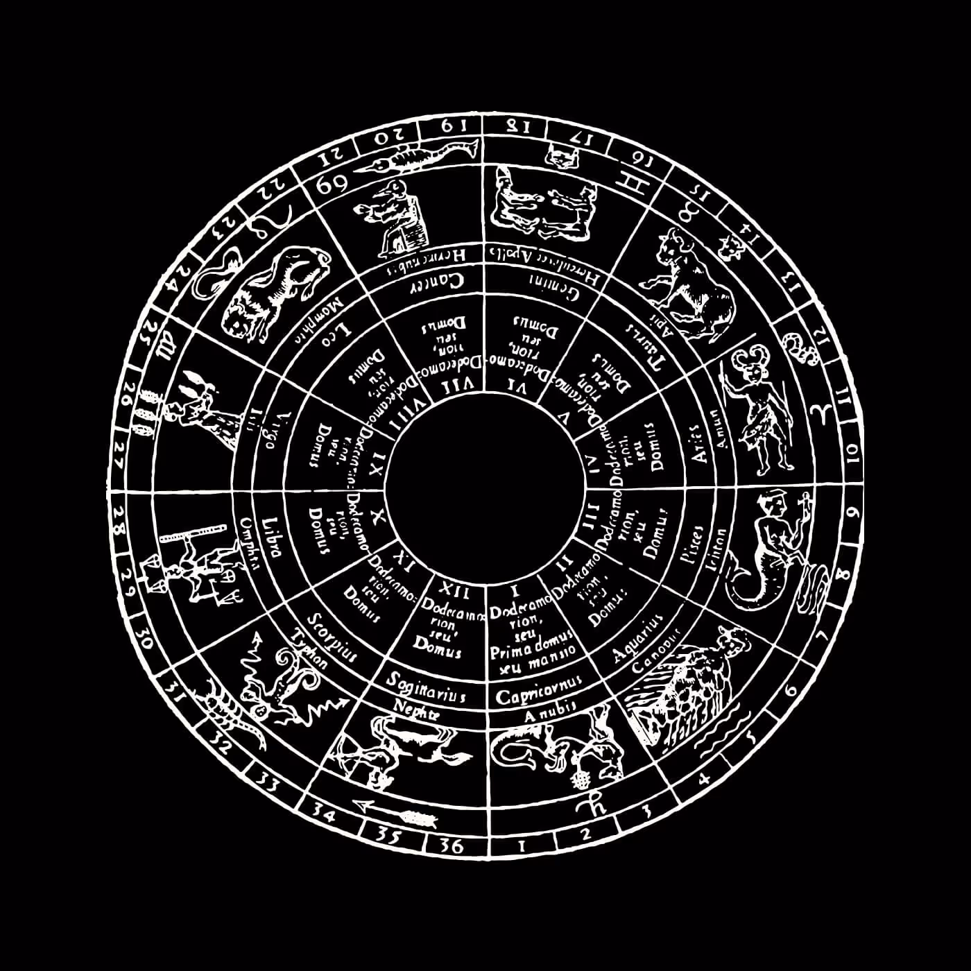 Hand-drawn black-and-white astrological chart depicting zodiac constellations arranged in concentric rings, referencing the symbolic and cosmic foundations of The Infinite Search identity.