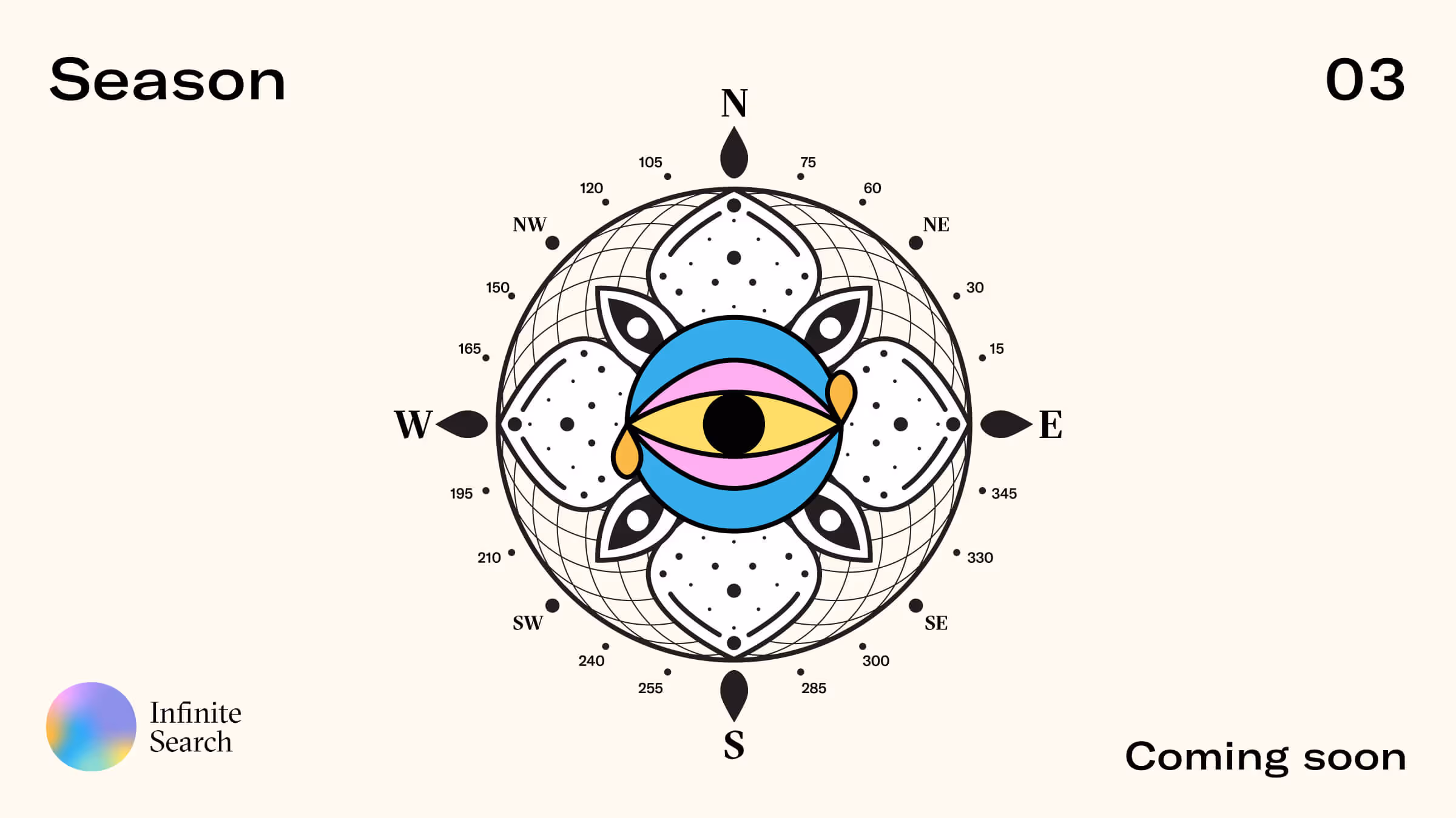 Season 03 coming soon announcement featuring mystical compass design with central eye symbol