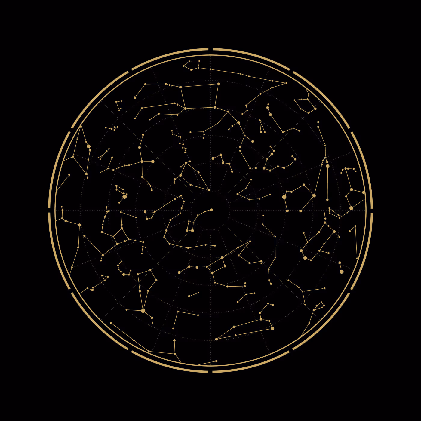 Celestial diagram with star connections and labeled constellations used as a visual reference for The Infinite Search identity system.