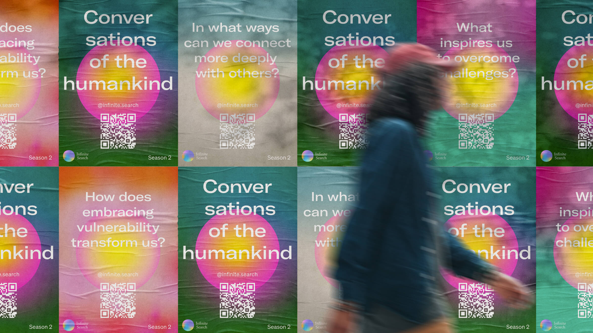The Infinite Search Season 2 promotional posters with gradient backgrounds featuring conversation prompts and QR codes, with motion blur effect