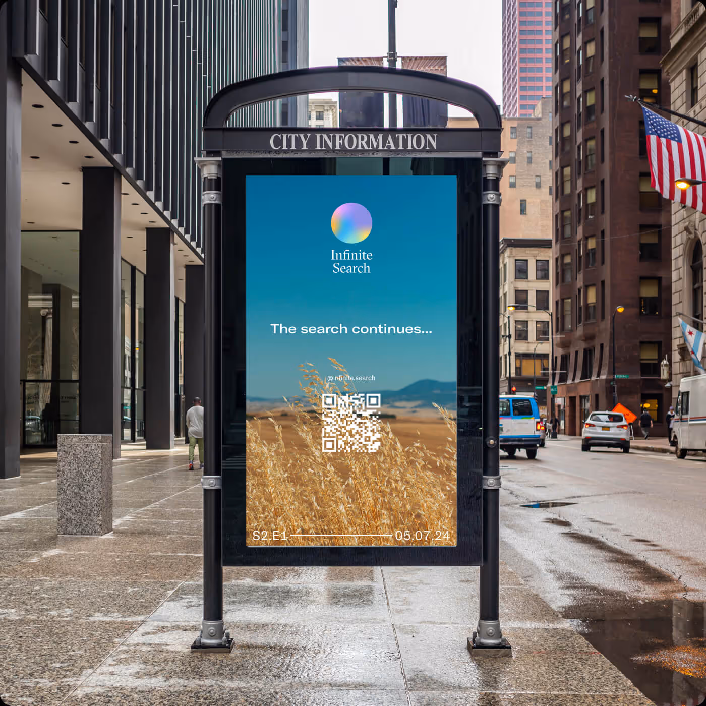 Infinite Search advertisement on city bus shelter with desert landscape and QR code