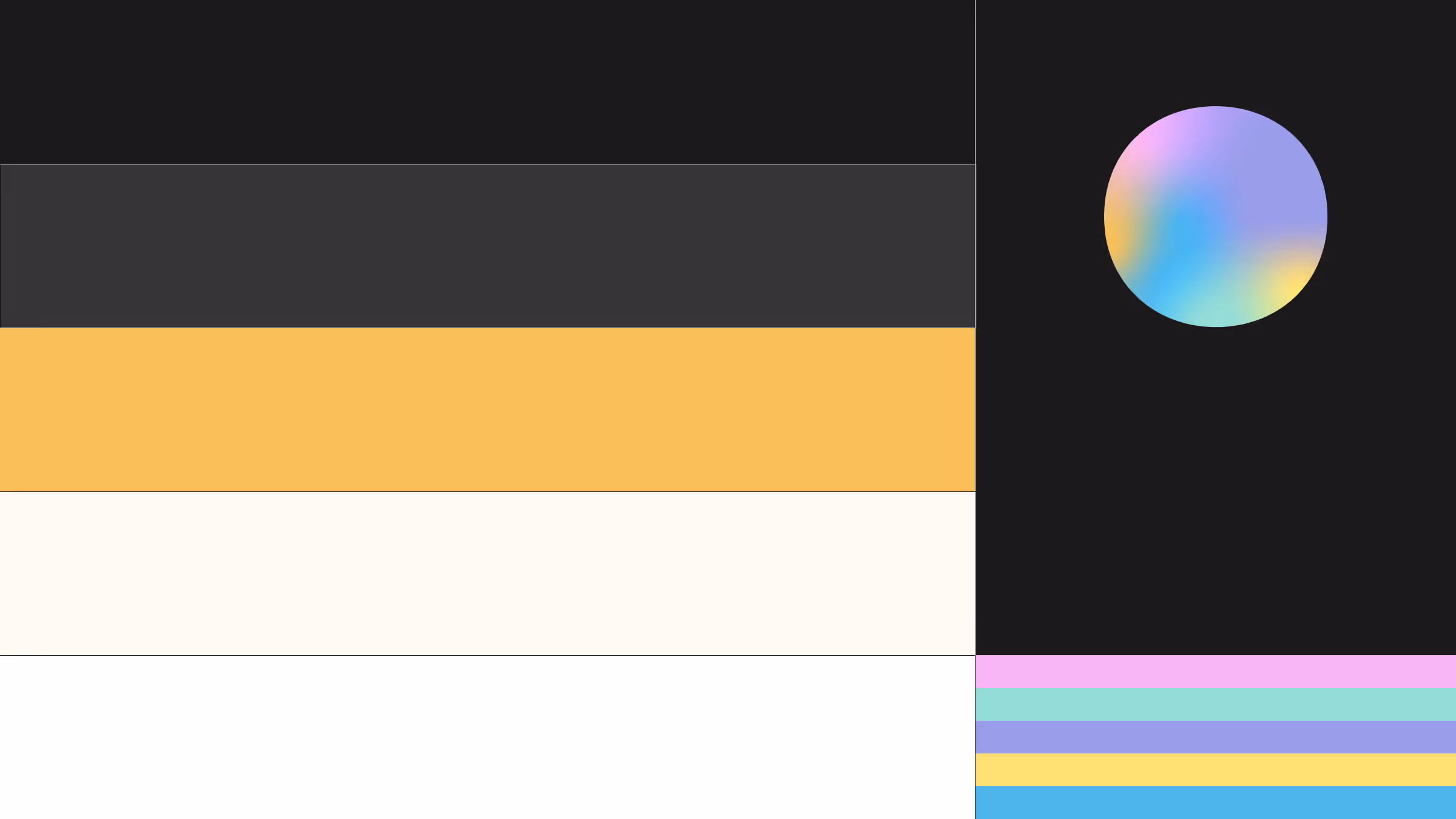 Color palette for The Infinite Search showing black, charcoal, ochre, cream, and white paired with a multicolor gradient accent, reflecting balance between depth and radiance.