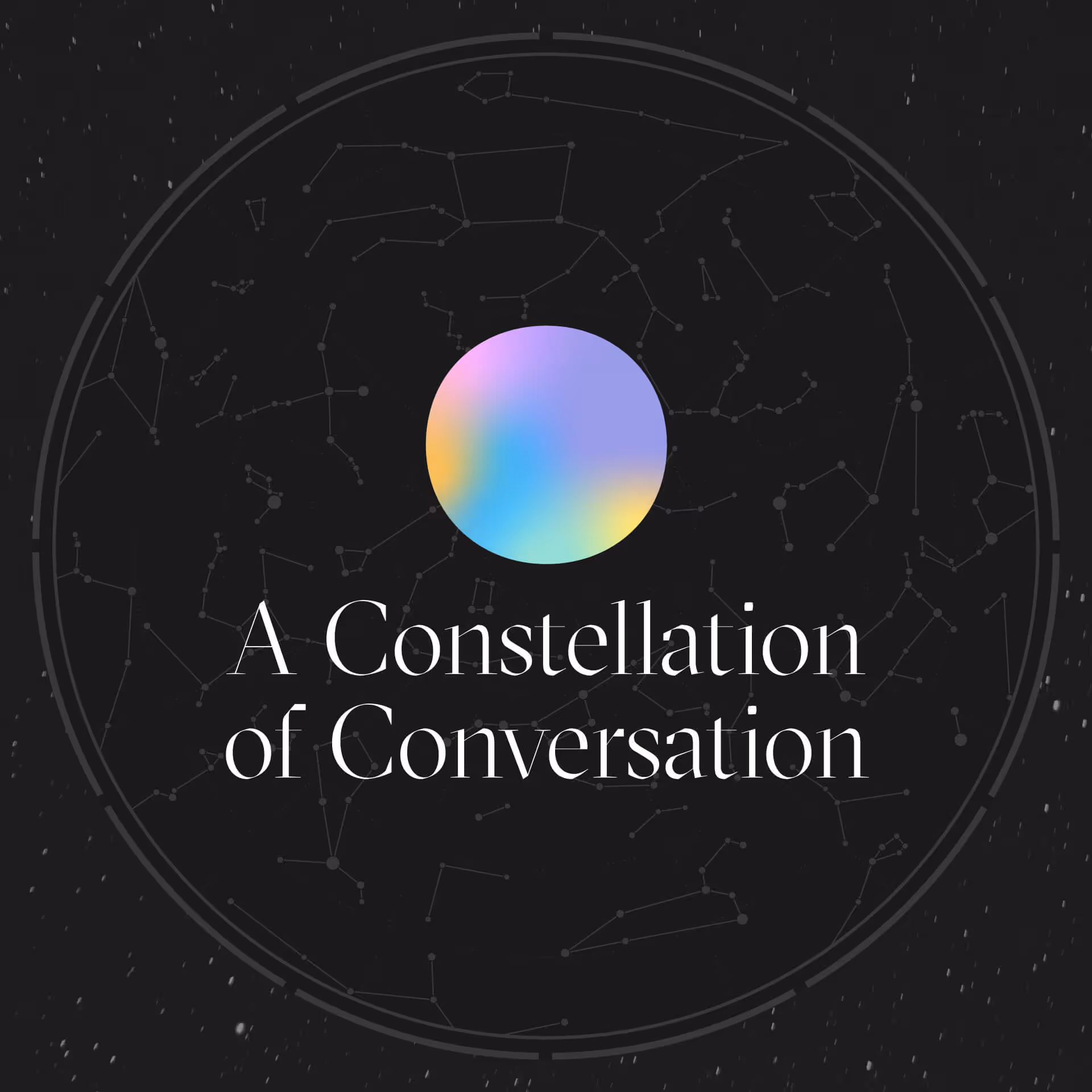 Visual design featuring a circular gradient symbol surrounded by a constellation map with the words “A Constellation of Conversation,” representing The Infinite Search’s celestial-inspired brand system.