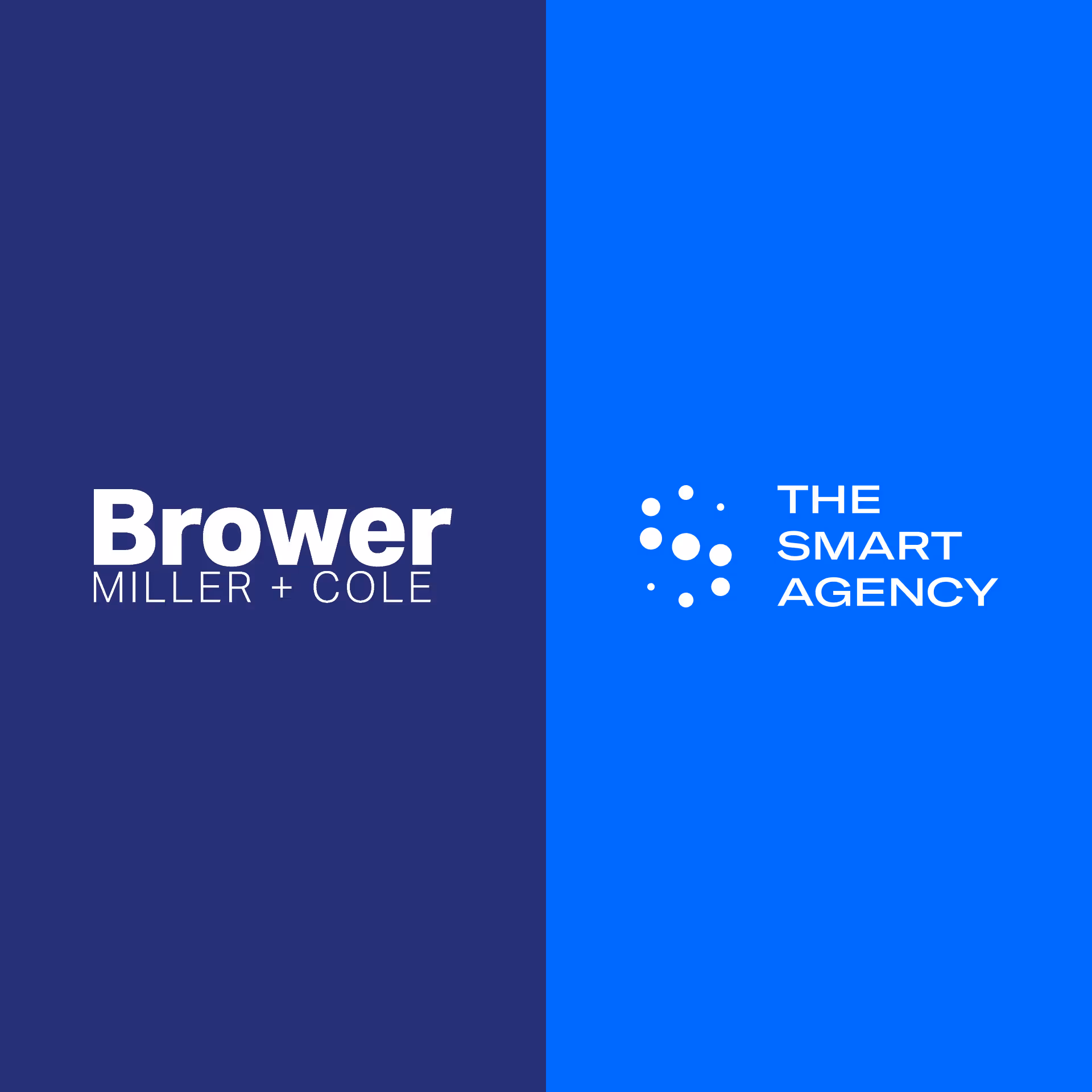 Brower Miller + Cole and The Smart Agency logos side by side on navy and blue split background