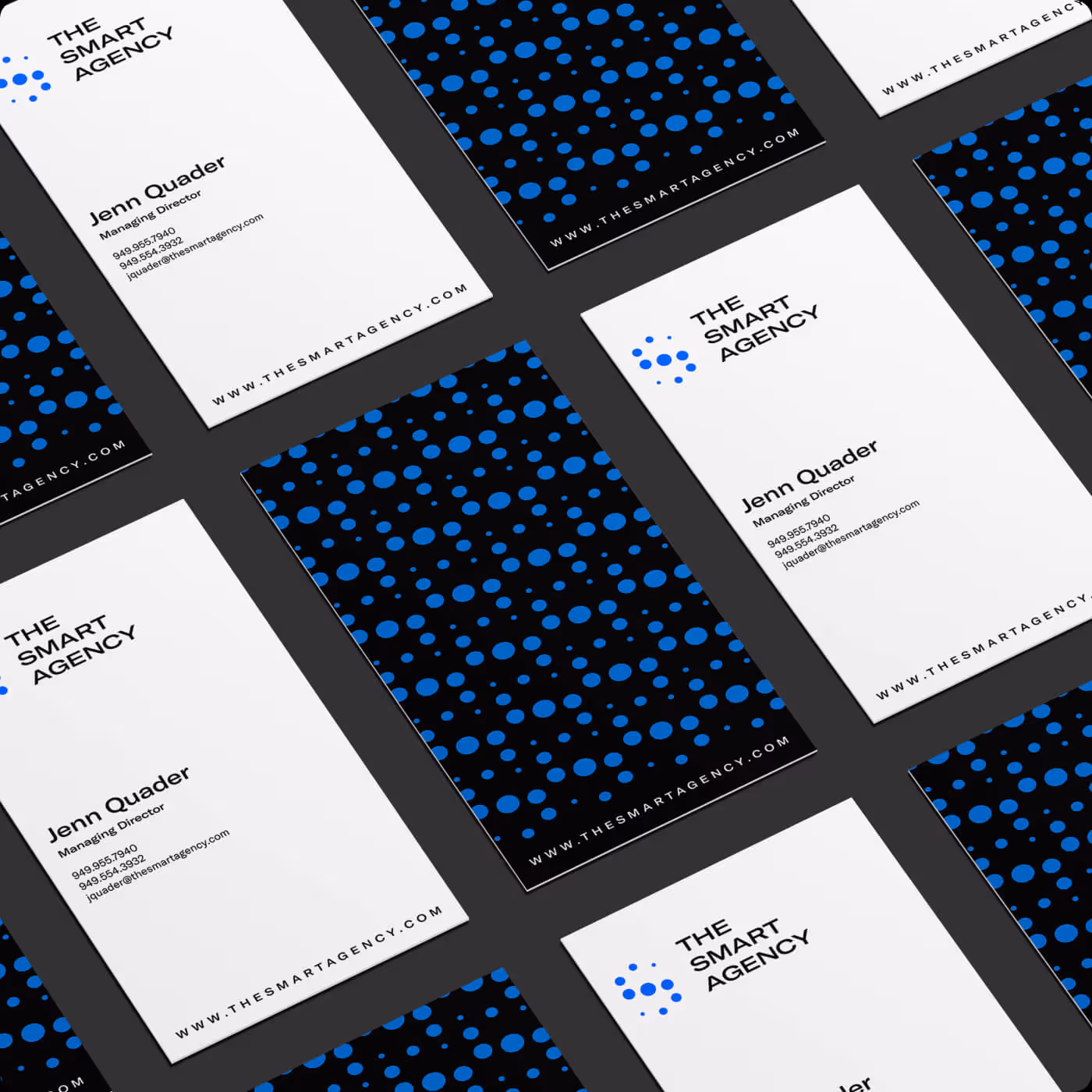 The Smart Agency business card system with dot pattern on black and logo on white