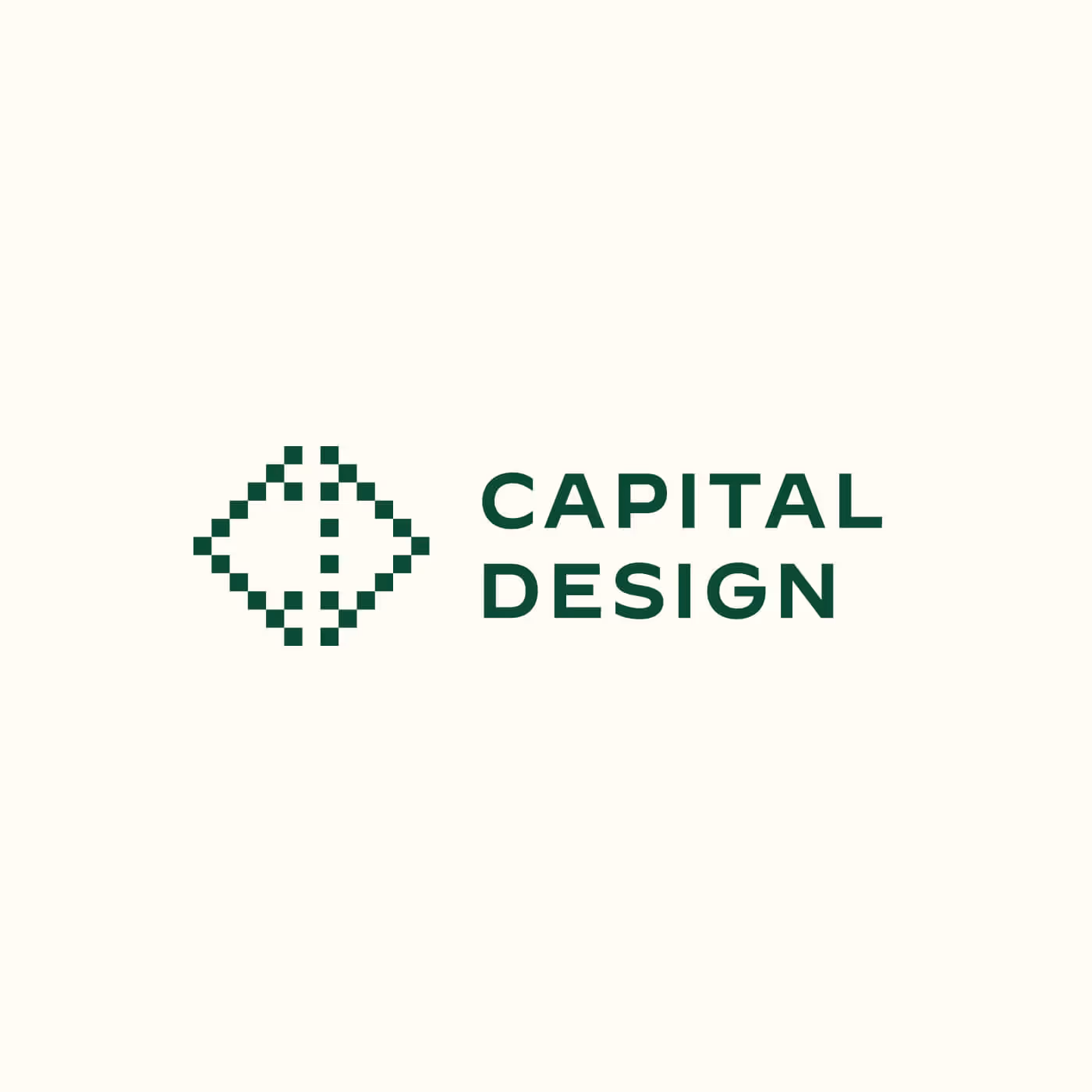 Capital Design primary logo with green pixelated diamond icon and wordmark on cream background