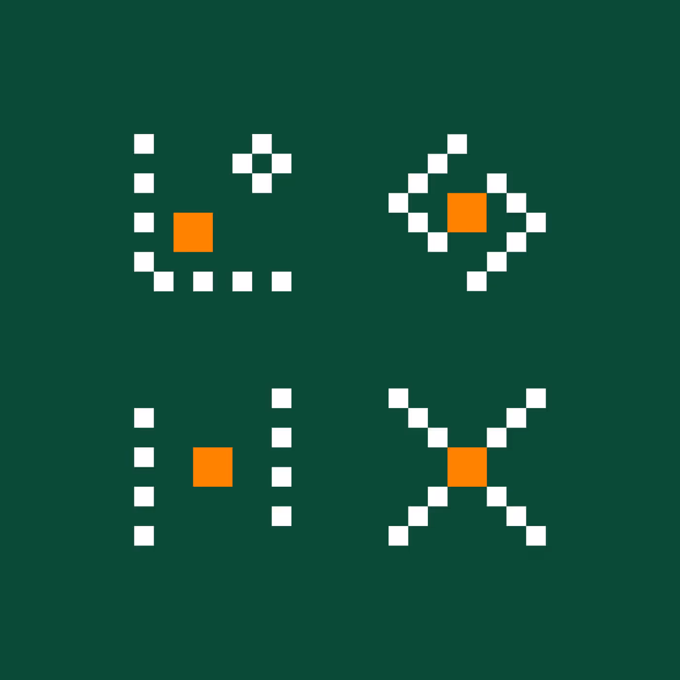 Capital Design capability icon system with pixelated designs in green, white, and orange representing eight design capabilities