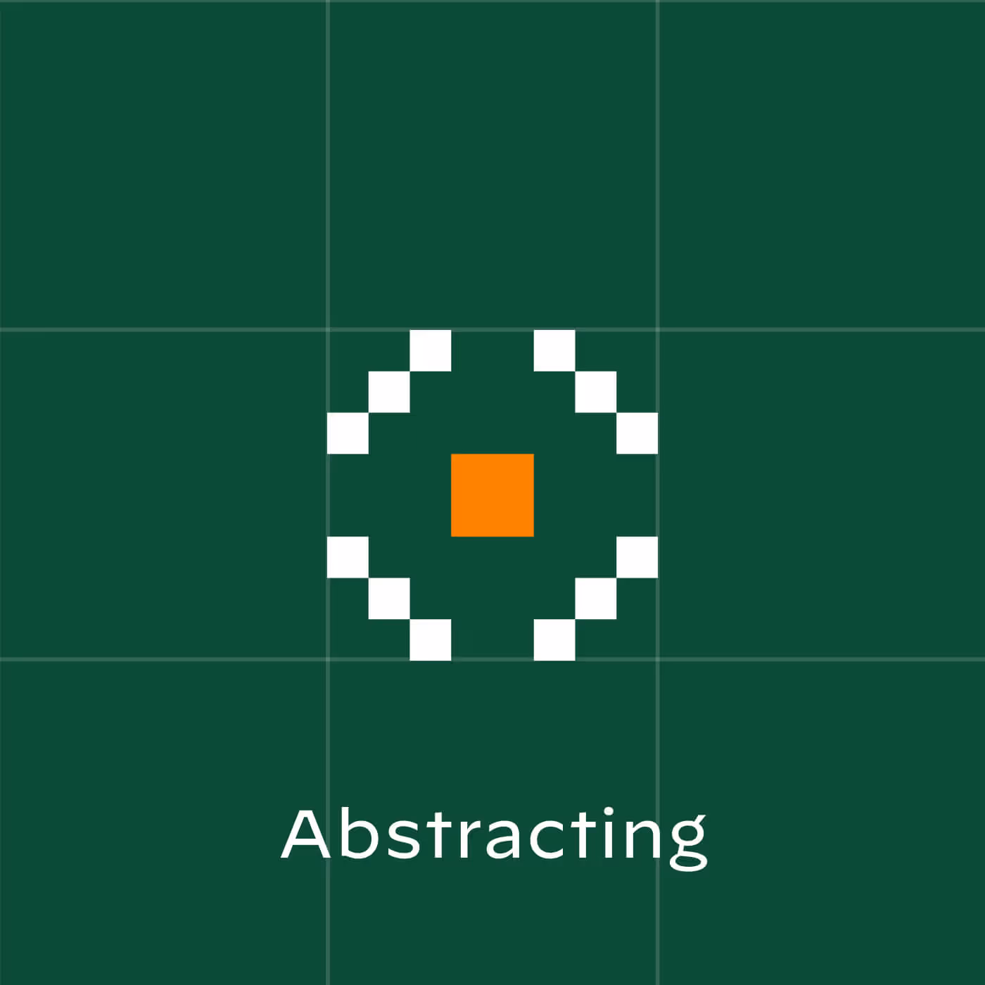 Abstracting capability icon with orange square centered in white pixelated circle on green background