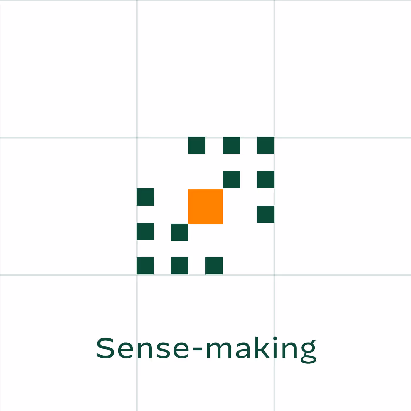 Sense-making capability icon with orange square surrounded by green pixel cluster on white grid